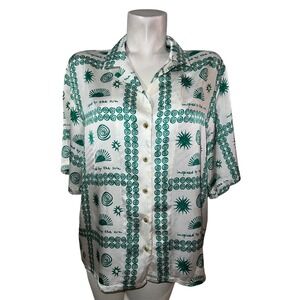 Agathe Marty Anthropologie Top White Green Sun Swirl Print Button Shirt Womens L